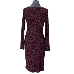 Red and Black Animal Print Long Sleeved Wrap and Draped Front Dress
